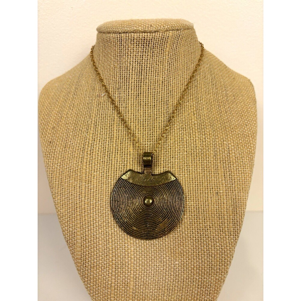Vintage Bronze Tone Medallion Pendant Necklace Statement Brutalist 34” Chain